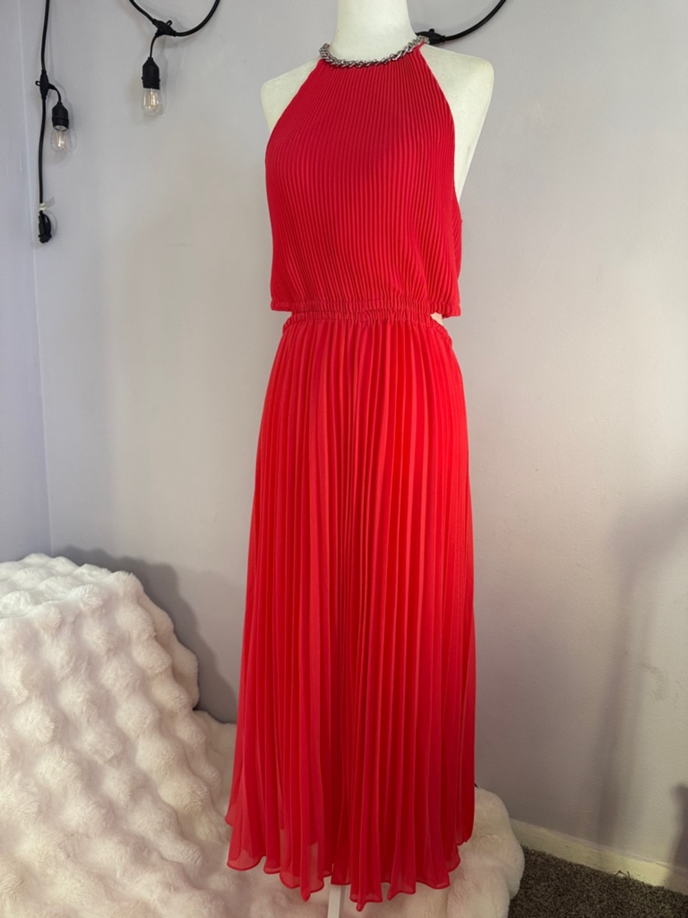 Michael Kors Red Pleated Halter Maxi Dress with Chain Neck
